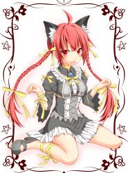  ahoge animal_ears arm_ribbon black_dress blush braid cat_ears colorized commentary_request dress extra_ears female gothic_lolita hair_ribbon highres kaenbyou_rin kikugetsu leg_ribbon lolita_fashion noumin oerba_yun_fang open_mouth red_eyes red_hair ribbon sitting smile solo touhou twin_braids 