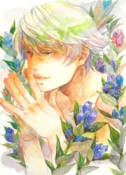  1boy ashinomoto blonde_hair commentary_request flower ivan_karelin male_focus purple_eyes solo tiger_&amp;_bunny 