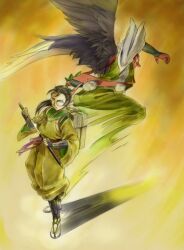  2boys black_hair commentary_request glasses guwange japanese_clothes kamono_gensuke kirinmaru long_hair male_focus multiple_boys nakajimayou ponytail tengu traditional_youkai wings yamabushi_tengu 