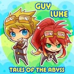  2boys :&gt; alternate_costume belt blue_eyes blush character_name chibi commentary_request copyright_name full_body gloves goggles goggles_on_head green_eyes grin guy_cecil guy_cecil_(hopeless_dreamer) high_ponytail lm2-3 long_hair luke_fon_fabre male_focus multiple_boys official_alternate_costume pants ponytail red_hair shirt sidelocks smile tales_of_(series) tales_of_the_abyss 