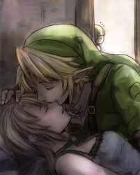  2boys blonde_hair closed_eyes colin_(zelda) commentary_request earrings female hat ilia_(zelda) jewelry kissing link multiple_boys pointy_ears straight suzuno_(kazahanasu) the_legend_of_zelda the_legend_of_zelda:_twilight_princess 