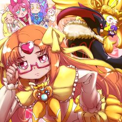  5girls adjusting_eyewear bespectacled blue_choker bow brooch brown_hair choker commentary_request crescendo_tone cure_beat cure_melody cure_muse_(black) cure_muse_(yellow) cure_rhythm dodory glasses hairbow hand_on_own_hip heart houjou_hibiki hummy_(suite_precure) jewelry kurokawa_eren long_hair magical_girl minamino_kanade multiple_girls photoshop_(medium) pink-framed_eyewear pink_bow precure red_eyes ribbon seiren_(suite_precure) shimetta_seiya shirabe_ako suite_precure sweatdrop yellow_bow yellow_choker 