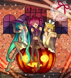  3girls :q ahoge animal_hands aqua_eyes aqua_hair bad_id bad_pixiv_id bat_wings blonde_hair boots cat_paws crossover detached_sleeves drill_hair green_eyes hair_ornament hair_ribbon hairclip halloween hat hatsune_miku jack-o&#039;-lantern kagamine_rin kasane_teto leg_warmers long_hair maionii multiple_girls necktie one_eye_closed open_mouth pink_eyes pink_hair pumpkin ribbon sitting skirt thigh_boots thighhighs tongue tongue_out twin_drills twintails utau very_long_hair vocaloid wings witch_hat 