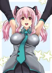  alternate_hairstyle armpits arms_up breasts commentary_request cosplay deni_m detached_sleeves female hatsune_miku hatsune_miku_(cosplay) highres large_breasts necktie nitroplus pink_hair red_eyes solo star_(symbol) super_sonico twintails vocaloid 