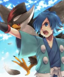  artist_request bird blue_eyes blue_hair feathers feathers gym_leader hayato_(pokemon) male male_focus pokemon screaming short_hair staraptor 