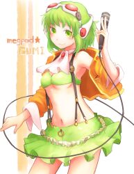  arm_up ascot bikini bikini_top_only blush commentary_request female frilled_skirt frills goggles goggles_on_head green_eyes green_hair green_skirt gumi gumi_(v3_megpoid) jacket kokotetsu microphone midriff miniskirt navel open_clothes open_jacket pleated_skirt red-tinted_eyewear short_hair skirt smile solo suspender_skirt suspenders swimsuit tinted_eyewear vocaloid 