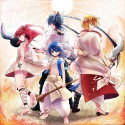  3boys aladdin_(magi) ali_baba_saluja bad_id bad_pixiv_id baggy_pants barefoot black_hair blonde_hair blue_eyes blue_hair bracelet braid female flute instrument jewelry long_hair magi_the_labyrinth_of_magic marioromen morgiana multiple_boys pants photoshop_(medium) recorder red_hair ren_hakuryuu single_braid staff sword vest weapon 