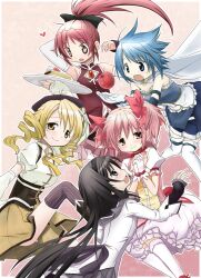  +_+ 5girls akemi_homura akemi_homura_(magical_girl) aoki_ume apple cake cape food fruit highres holding kaname_madoka kaname_madoka_(magical_girl) mahou_shoujo_madoka_magica mahou_shoujo_madoka_magica_(anime) miki_sayaka miki_sayaka_(magical_girl) multiple_girls pantyhose photoshop_(medium) sakura_kyoko sakura_kyoko_(magical_girl) thighhighs tiro_finale tomoe_mami tomoe_mami_(magical_girl) white_cape 