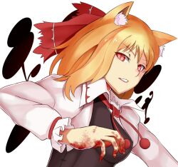  aged_up animal_ears blood cat_ears commentary_request female ginko_(nico) hair_ribbon kemonomimi_mode looking_at_viewer red_eyes ribbon rumia short_hair simple_background solo touhou upper_body 