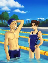  naruto one_piece_swimsuit peeing peeing_in_pool pool school_swimsuit swimsuit tenten uzumaki_naruto wet_spot wetting 