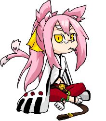  animal_ears arc_system_works bell belt blazblue cat_ears cat_eyes cat_tail female glasses jerun kokonoe labcoat long_hair multiple_tails pants pink_hair ponytail ribbon sandals sitting slit_pupils solo tail yellow_eyes yellow_ribbon 