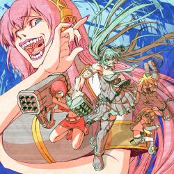  4girls brass_knuckles commentary_request fingernails hatsune_miku hitotose_rin kagamine_len kagamine_rin long_hair md5_mismatch megurine_luka meiko_(vocaloid) multiple_girls muscular ojou-sama_pose open_mouth photoshop_(medium) rocket_launcher sharp_teeth squatting teeth torn_clothes vocaloid weapon 