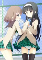  2girls black_hair black_legwear blue_eyes blush brown_hair chain-link_fence cloud commentary_request day fence green_skirt hair_ornament hairband hairclip holding_hands interlocked_fingers kuroneko_shiro long_hair looking_at_viewer miniskirt multiple_girls open_mouth original panties plaid plaid_skirt pleated_skirt school_uniform short_hair skirt sky smile thighhighs underwear wind wind_lift yellow_eyes 