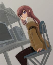  brown_hair chair commentary_request computer female jacket long_hair makise_kurisu pantyhose pinzu purple_eyes sitting solo steins;gate 