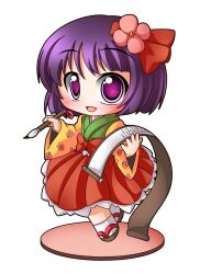  bad_id bad_pixiv_id brush calligraphy_brush chibi faux_figurine female flower hair_flower hair_ornament hieda_no_akyuu japanese_clothes kimono open_mouth paintbrush purple_eyes purple_hair scroll shinjitsu short_hair simple_background smile solo touhou white_background 