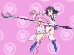  2girls back_bow bell bishoujo_senshi_sailor_moon bishoujo_senshi_sailor_moon_supers black_hair blue_footwear boots bow brooch chibi_usa choker commentary_request cone_hair_bun crystal_carillon elbow_gloves glaive_(polearm) gloves hair_bun heart heart_brooch heart_choker highres holding holding_polearm holding_weapon jewelry k@non knee_boots leotard leotard_peek long_hair magical_girl microskirt multicolored_clothes multicolored_skirt multiple_girls pink_background pink_footwear pink_hair pink_sailor_collar pleated_skirt polearm polearm_behind_back purple_eyes purple_sailor_collar purple_skirt red_eyes sailor_chibi_moon sailor_collar sailor_saturn sailor_senshi sailor_senshi_uniform short_hair silence_glaive skirt star_(symbol) star_brooch star_choker striped_clothes striped_skirt super_sailor_chibi_moon tiara tomoe_hotaru twintails upskirt weapon white_gloves 