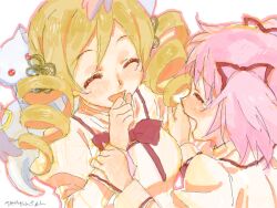  2girls bad_drawr_id bad_id bad_link blonde_hair closed_eyes drill_hair happy kaname_madoka kyuubee laughing mahou_shoujo_madoka_magica mahou_shoujo_madoka_magica_(anime) mitakihara_school_uniform multiple_girls oekaki pink_hair school_uniform tan_tan_tanuki tears tomoe_mami twin_drills twintails 