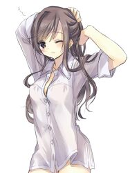  bad_link brown_hair copyright_request dress_shirt female long_hair looking_at_viewer miyoshino naked_shirt no_bra no_panties one_eye_closed shirt sleeves_rolled_up solo 