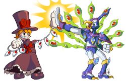  &gt;:d :d androgynous bird bow brown_dress capcom capelet crossover cyber_kujacker cyber_peacock dress evil_smile eyes female gloves grin hat high_five lab_zero_games mechanical_arms namesake open_mouth orange_hair peacock_(skullgirls) robot rockman rockman_x rockman_x4 rockman_x_4 sharp_teeth simple_background skullgirls smile solid_circle_eyes standing top_hat triple-q triple_q white_background white_gloves 