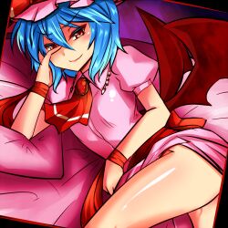  bat_wings blue_hair clothes_lift colored_eyelashes commentary_request dress dress_lift female hand_on_own_face hat looking_at_viewer no_panties orange_eyes remilia_scarlet ribbon roki_(hirokix) seductive_smile short_hair smile solo thighs touhou tsurime wings wrist_cuffs 