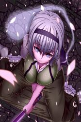  black_hairband blue_eyes breasts breasts_squeezed_together cleavage commentary_request dutch_angle female frills from_above ginko_(nico) grey_hair hairband impossible_clothes impossible_shirt katana konpaku_youmu konpaku_youmu_(ghost) large_breasts looking_at_viewer looking_up necktie night outdoors parted_lips shiny_clothes shirt sitting solo sword touhou undone_necktie vest wariza weapon 