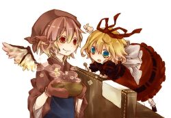  2girls :o animal_ears apron bad_id bad_pixiv_id bird_ears bird_wings blue_apron bowl brown_kimono food_stand gloves japanese_clothes kimono koura_higure medicine_melancholy multiple_girls mystia_lorelei okamisty short_hair smile spoon touhou wings 