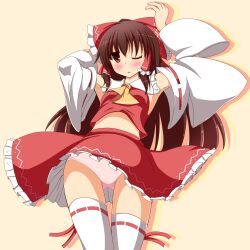  armpits blush bow breasts brown_eyes brown_hair commentary_request female frilled_skirt frills hair_ribbon hair_tubes hairbow hakurei_reimu highres liya medium_skirt midriff one_eye_closed panties pantyshot petite pink_panties print_skirt red_skirt ribbon skirt skirt_set small_breasts solo thighhighs touhou underwear white_thighhighs 