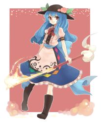  bad_id bad_pixiv_id blue_hair boots bow bowtie female food fruit hat hinanawi_tenshi konbu_ame leaf long_hair peach red_eyes ribbon smile solo sword sword_of_hisou touhou weapon 