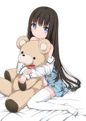  blue_eyes brown_hair commentary_request female highres kami-sama_no_memo-chou large_teddy_bear lolicon long_hair off_shoulder photoshop_(medium) shionji_yuuko shouji_ayumu skirt solo stuffed_animal stuffed_toy teddy_bear thighhighs very_long_hair 