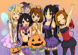  6+girls akiyama_mio animal_ears bad_id bad_pixiv_id bat_wings black_hair blonde_hair breasts brown_eyes brown_hair bubble_skirt candy candy_cane cat_ears cleavage closed_eyes cosplay costume demon_girl demon_tail demon_wings dress elbow_gloves fairy fairy_wings food gloves gradient_background halloween hat hirasawa_yui holding holding_candy holding_candy_cane holding_food holding_lollipop horns jack-o&#039;-lantern k-on! kotobuki_tsumugi lollipop long_hair midriff miniskirt multiple_girls nakano_azusa navel neki_(wakiko) orange_background orange_dress pantyhose pink_dress ponytail pumpkin pumpkin_costume purple_background purple_dress short_dress skirt spaghetti_strap striped_clothes striped_thighhighs sweets tail tainaka_ritsu thighhighs twintails wings witch_hat yamanaka_sawako 