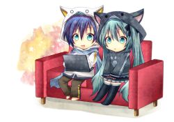  1boy animal_hood aqua_eyes aqua_hair bad_id bad_pixiv_id black_skirt blue_hair blue_scarf cat_hood chibi computer couch female hatsune_miku hood kaito_(vocaloid) laptop long_hair pleated_skirt scarf shiomizu_(swat) sitting skirt thighhighs twintails very_long_hair vocaloid 