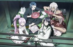  4girls :d ^_^ alcohol artist_request bare_shoulders barefoot black_hair blue_hair blush bowl chopsticks closed_eyes cup dango dark-skinned_female dark_skin detached_sleeves floral_print food from_above green_ribbons grey_eyes hair_between_eyes hakama hakama_skirt holding imagawa_yoshimoto_(sengoku_otome) indoors japanese_clothes kimono long_hair mat miko mochi multiple_girls no_shoes obi off_shoulder open_mouth pants pillar pink_hair ponytail print_kimono railing red_ribbon ribbon ribbon-trimmed_sleeves ribbon_trim sakazuki sake sash scar seiza sengoku_otome short_hair sitting skirt smile swept_bangs tabi table takeda_shingen_(sengoku_otome) tea tokkuri tokugawa_ieyasu_(sengoku_otome) tsukimi tsukimi_dango uesugi_kenshin_(sengoku_otome) very_long_hair wagashi white_hair white_legwear wooden_floor wooden_wall yellow_eyes 