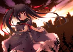  akemi_homura alternate_hairstyle black_hair blush cloud commentary_request dress female hair_ribbon mahou_shoujo_madoka_magica mahou_shoujo_madoka_magica_(anime) photoshop_(medium) purple_dress purple_eyes ribbon rokudou_itsuki silhouette sky skyline smile solo sunset twintails 