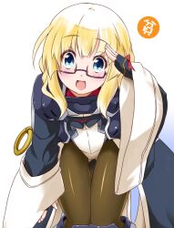  :d adele_balfetto blonde_hair blue_eyes blush bodysuit commentary_request female fingerless_gloves flat_chest glasses gloves kyoukaisenjou_no_horizon open_mouth pantyhose salute smile solo thigh_gap uma_(tnk-power) 