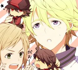  3boys bad_id bad_pixiv_id blonde_hair brown_hair bruce_lee&#039;s_jumpsuit cabbie_hat chibi ebitetsu facial_hair green_eyes hat huang_baoling ivan_karelin jacket letterman_jacket multiple_boys necktie oerba_yun_fang purple_eyes purple_jacket red_eyes short_hair stubble tiger_&amp;_bunny vest waiko waistcoat 