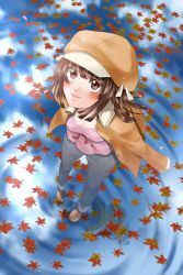  bakemonogatari brown_eyes brown_hair cabbie_hat commentary_request denim female hat highres jacket jacket_on_shoulders jeans leaf monogatari_(series) pants perspective sengoku_nadeko short_hair solo wasabi_(legemd) 