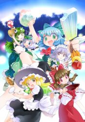  6+girls apron black_dress black_skirt blonde_hair blue_eyes blue_hair bow brown_hair candy_apple catfish cirno colored_eyelashes commentary_request cup detached_sleeves dress fish food frilled_skirt frills frog frog_mask green_eyes green_hair grey_hair hair_ornament hair_ribbon hair_tubes hairbow hakurei_reimu hat hug ice_cream izayoi_sakuya katana kirisame_marisa kochiya_sanae konpaku_youmu long_skirt medium_skirt mizuki_hitoshi multiple_girls namazu open_mouth photoshop_(medium) plate print_skirt purple_eyes purple_skirt red_skirt ribbon sakazuki shirt skirt skirt_set smile snake sword touhou weapon witch_hat yellow_eyes 