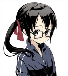  black-framed_eyewear black_eyes black_hair blush commentary_request female glasses hair_over_shoulder hair_ribbon jacket long_hair maeda_risou original red_ribbon ribbon shy side_ponytail simple_background solo striped track_jacket upper_body white_background zipper 