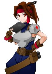  asraill belt bracelet breastplate brown_eyes brown_hair female final_fantasy final_fantasy_vii fingerless_gloves folder gloves hand_on_hip headband hips jessie_(ff7) jessie_(pokemon) jewelry long_hair pants ponytail shoulder_pads sleeveless sleeveless_turtleneck solo turtleneck 