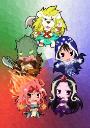  2boys 2girls absurdres ajani_goldmane animification chandra_nalaar chibi commentary_request garruk_wildspeaker highres jace_beleren liliana_vess magic:_the_gathering matsu multiple_boys multiple_girls photoshop_(medium) 