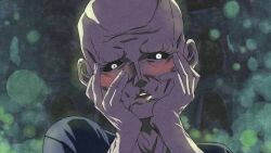  1boy bald black_sclera blush colored_sclera commentary_request fate/stay_night fate/zero fate_(series) hands_on_own_cheeks hands_on_own_face male_focus matou_zouken parody solo tg01 yandere_trance yellow_eyes 