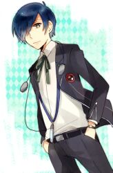  1boy bad_id bad_pixiv_id blue_eyes blue_hair bow digital_media_player gekkoukan_high_school_uniform headphones male_focus mentaishi persona persona_3 ribbon school_uniform solo yuuki_makoto_(persona_3) 