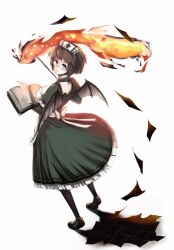  book brown_eyes brown_hair burning commentary_request deathsmiles dragon_wings dress female fire follett_(deathsmiles) glasses magic nurse ribbon short_hair socks solo uuta_(uturautouto) wings 