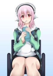  blush chair commentary_request deni_m drinking female headphones highres looking_at_viewer nitroplus pink_hair red_eyes short_hair sitting solo super_sonico 