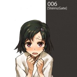  1boy androgynous bad_id bad_pixiv_id black_hair hair_ornament hairclip japanese_clothes male_focus miko otoko_no_ko purple_eyes shoe-ji skull_hair_ornament solo steins;gate sweatdrop urushibara_ruka 