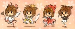  4girls ahoge ai-wa black_eyes brown_hair cardcaptor_sakura commentary_request crown dress full_body fuuin_no_tsue hair_bobbles hair_ornament hair_ribbon hat hoshi_no_tsue kinomoto_sakura kinomoto_sakura_(magic_dream_costume) kinomoto_sakura_(platinum_star_dress) kinomoto_sakura_(winged_egg_crown_costume) magical_girl multiple_girls multiple_persona pink_hat ribbon school_uniform smile staff star_(symbol) tomoeda_elementary_school_uniform wings 