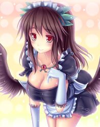  alternate_costume bad_id bad_pixiv_id blush breasts brown_hair bursting_breasts cleavage collarbone enmaided female hanging_breasts highres jewelry large_breasts long_hair low_wings maid maid_headdress necklace photoshop_(medium) red_eyes reiuji_utsuho solo third_eye touhou walzrj wings 