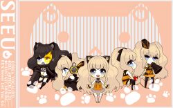  animal_ears apple bad_id bad_pixiv_id black_hair black_rock_shooter blonde_hair blue_eyes boots chibi cosplay female food fruit grey_skirt hair_ribbon hat headphones highres honeynuts koi_wa_sensou_(vocaloid) long_hair magnet_(vocaloid) megaphone miniskirt pantyhose pleated_skirt ribbon romeo_to_cinderella_(vocaloid) seeu skirt smile songover symbol-shaped_pupils tears thighhighs very_long_hair vocaloid 