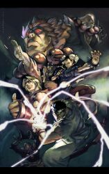  2girls 5boys akuma_(street_fighter) barefoot battle beads bracelet bun_cover china_dress chinese_clothes chun-li commentary dhalsim double_bun dougi dress earrings energy_ball english_commentary fighting_stance glowing glowing_eyes gouken hadouken hair_bun hip_vent ibuki_(street_fighter) jewelry ken_masters kicking lehuss multiple_boys multiple_girls necklace ninja pantyhose photoshop_(medium) prayer_beads red_eyes red_hair ryu_(street_fighter) skull skull_necklace spiked_bracelet spikes street_fighter street_fighter_iv_(series) thumbs_up 