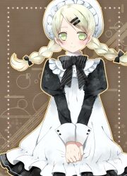  alternate_costume alternate_hairstyle bad_id bad_pixiv_id blonde_hair bow braid brown_background dress elize_lutus elize_lutus_(maid) female green_eyes hair_ornament hairclip hat long_hair official_alternate_costume ootani_mikoto puffy_sleeves ribbon smile solo tales_of_(series) tales_of_xillia twin_braids twintails v_arms 